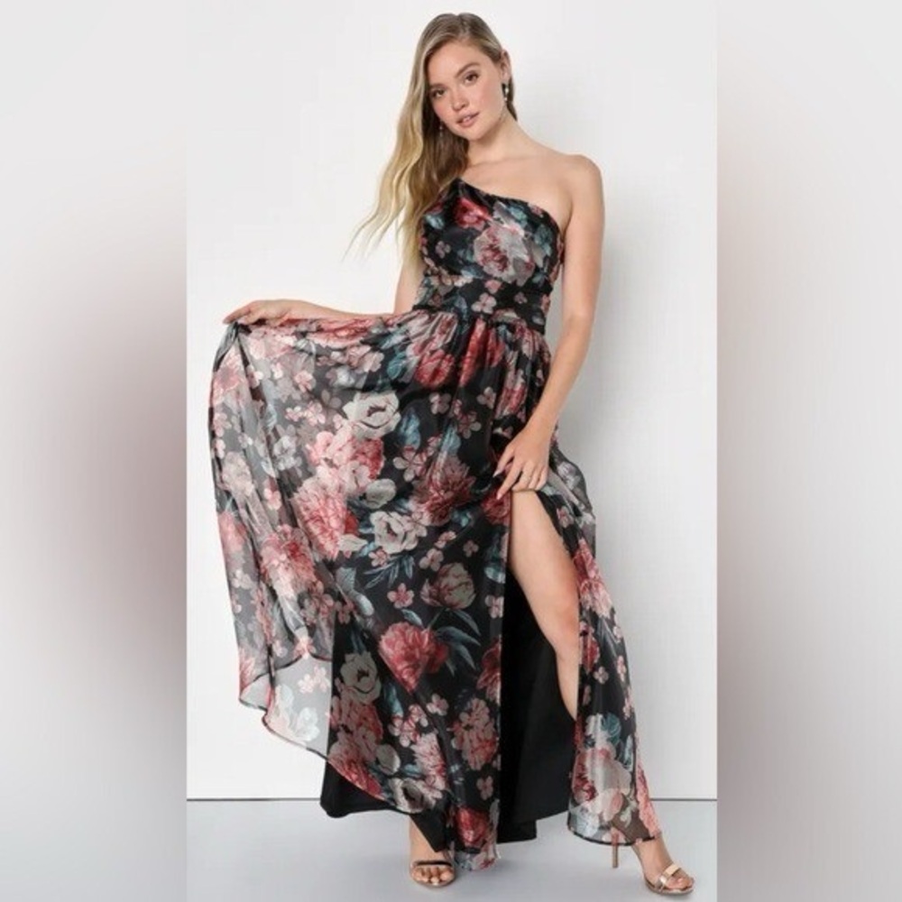 Lulu's Black and Pink Floral One-Shoulder Dress